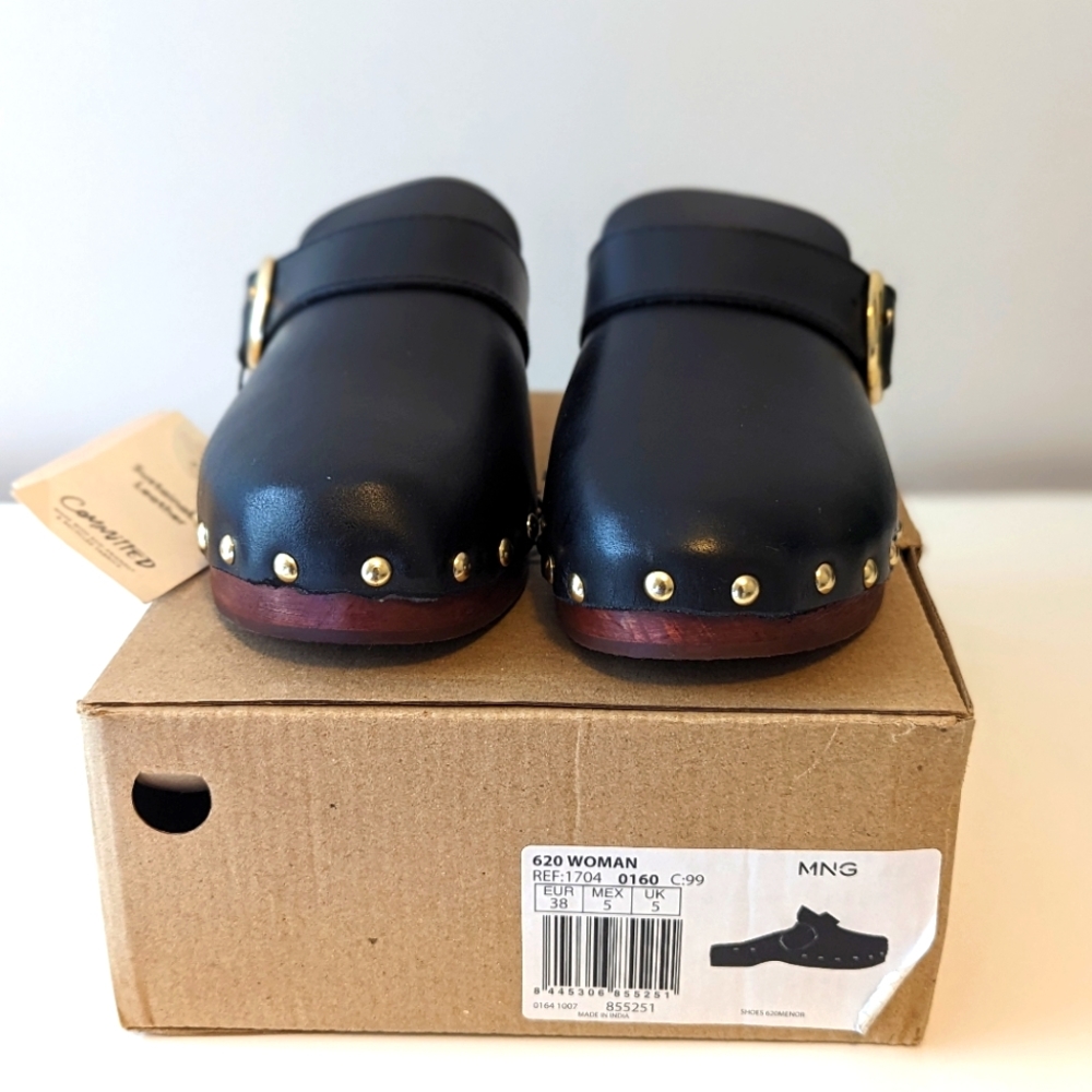 Mango Genuine Black Leather Stud Clogs Size 7.5